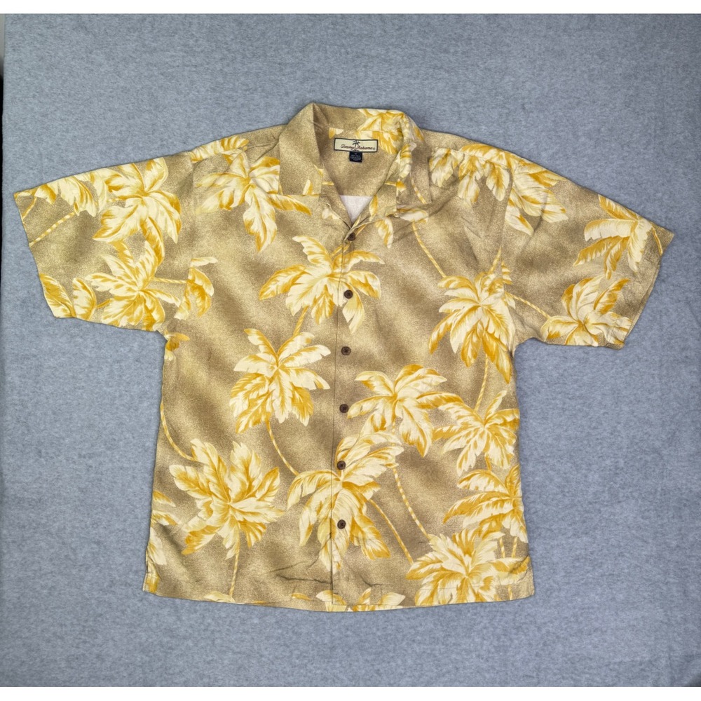 Tommy Bahama Mens Medium Silk Palm Leaf Tropical Camp Shirt Yellow Tan Vacation